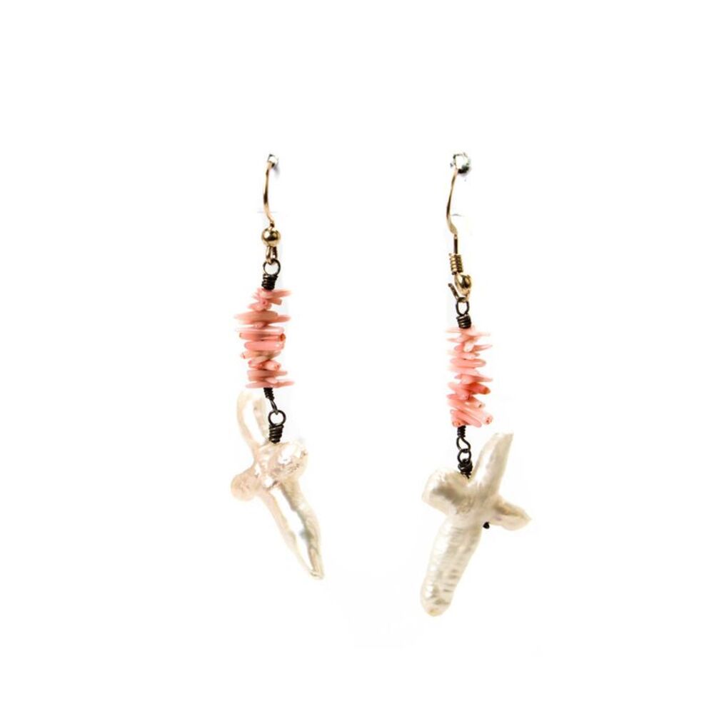 Designer Womens Gold Plated Coral Branch Bead + Freshwater Pearl Cross Dangle Ea